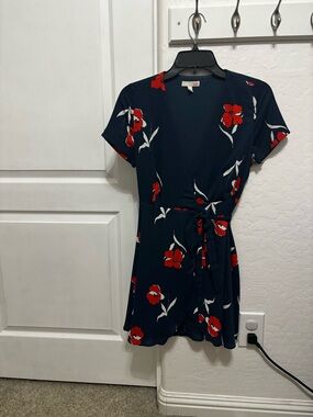 Gianni Bini Navy Wrap Dress with Red & White Floral Print